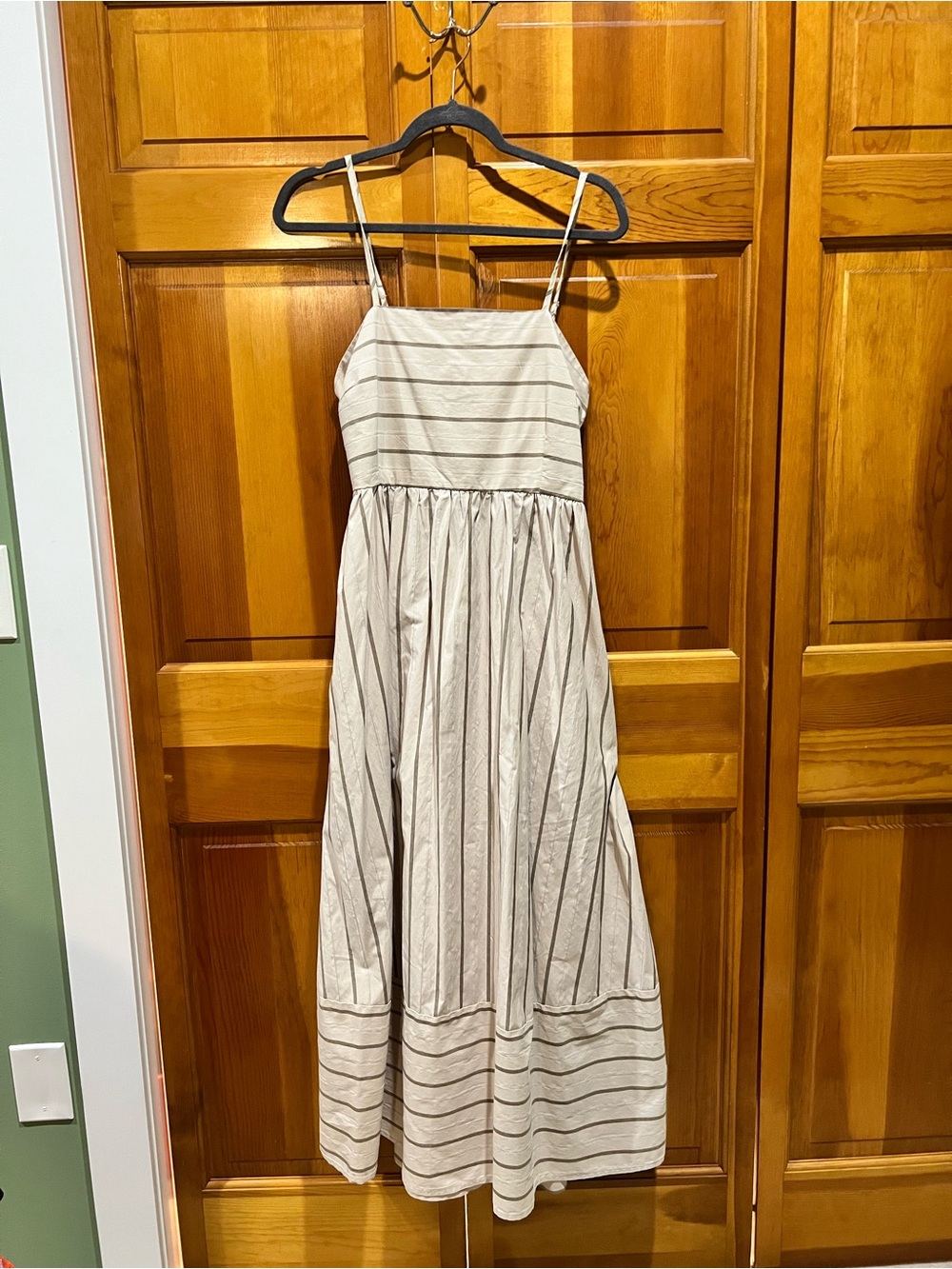 Beige Striped Maxi Sundress with Spaghetti Straps